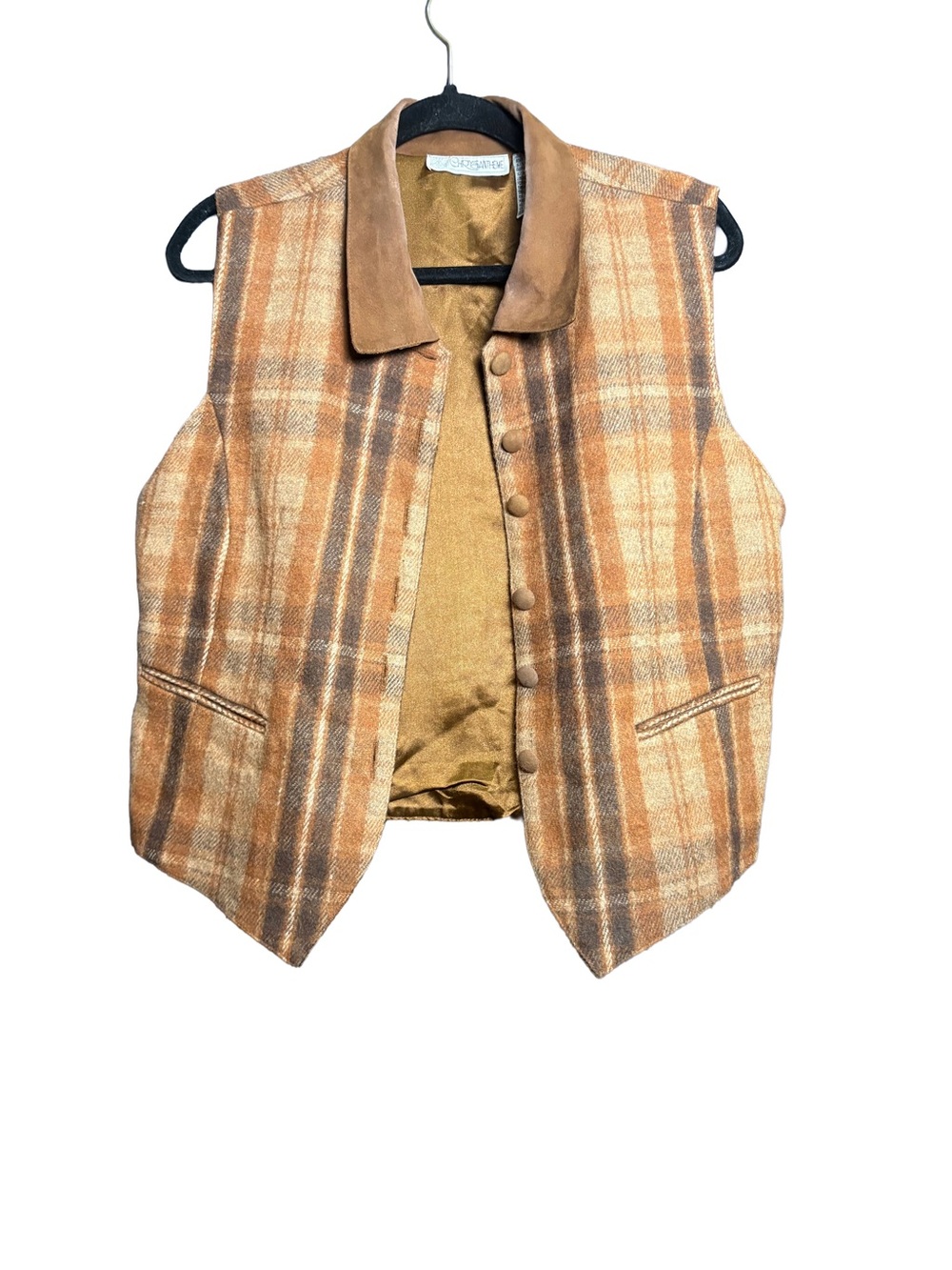 Vintage 90s Plaid Wool Blend Vest with Suede Collar - Tan/Brown
